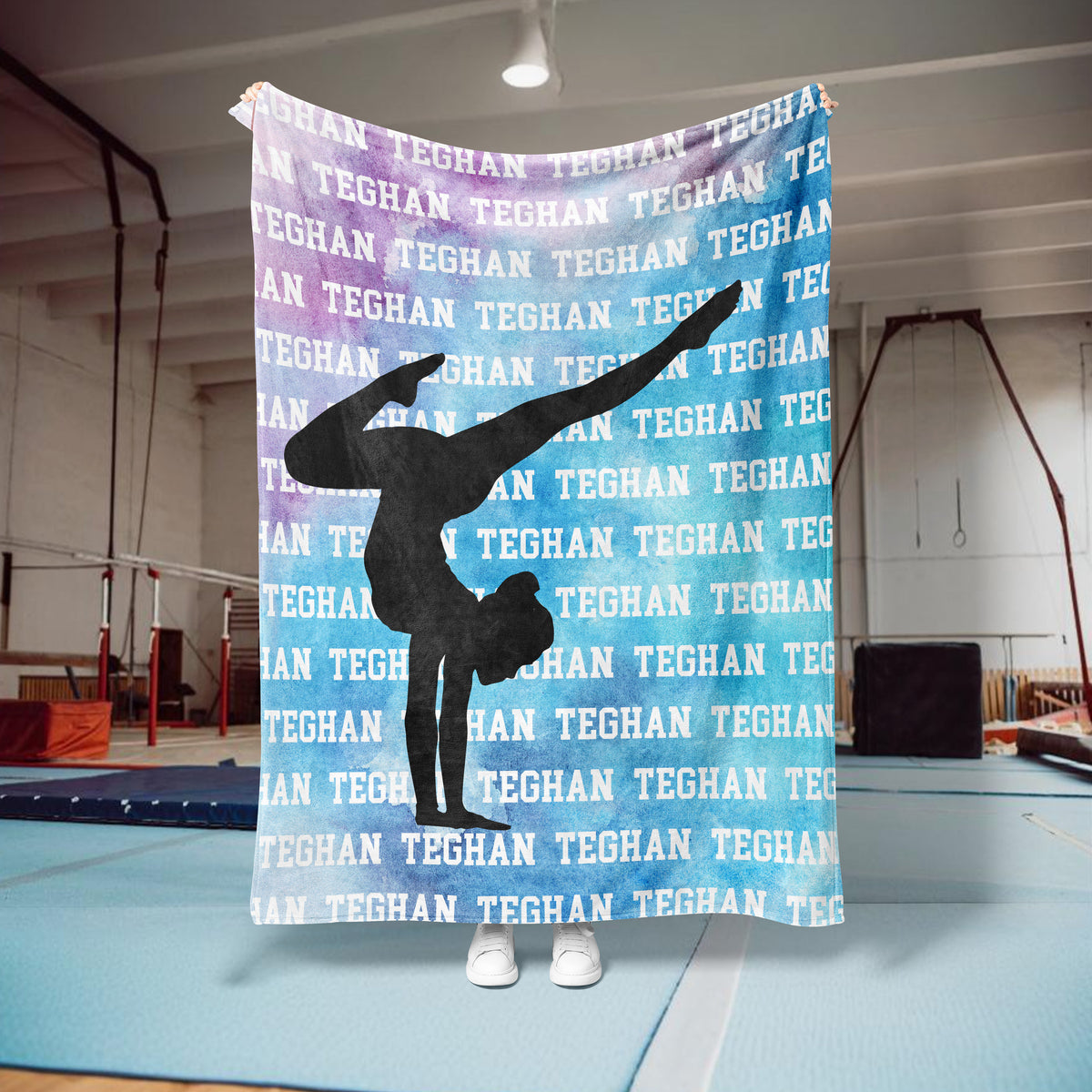 Blue Watercolor Name Reapeat Custom Gymnastics Blanket (GYM1001)
